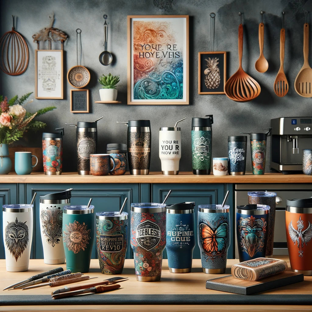 This image illustrates a diverse collection of personalized tumbler mugs arrayed on a modern kitchen counter, designed to accompany a blog post on choosing the perfect custom tumbler. 