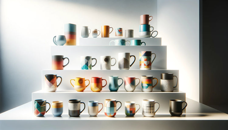 Modern and bright collection of coffee mugs displayed on sleek, minimalist shelves, featuring bold colors, geometric patterns, and innovative shapes, set against a brightly lit, airy background.