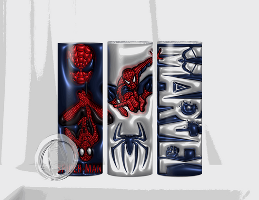 Spider-Man action poses on a collector's edition tumbler with Marvel's Spider-Man logo and web design.