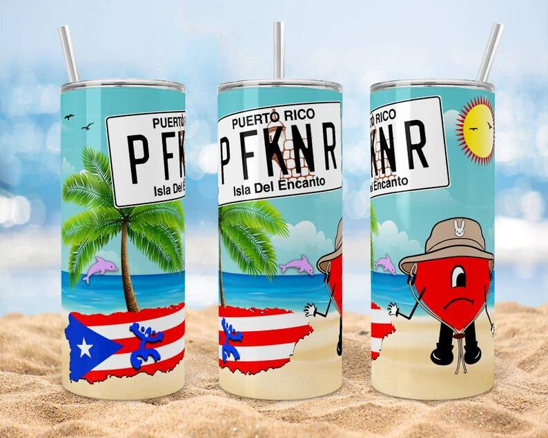 Tumbler with Puerto Rican cultural symbols, including the island's flag, a sunny sky, palm trees, and the outline of 'El Morro' fort's sentry box, representing Puerto Rico's heritage.