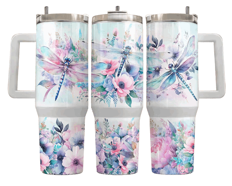 Charming 40 oz stainless steel tumbler showcasing a dragonfly and pastel floral artwork, combining functionality with a touch of nature's elegance for your hydration needs.