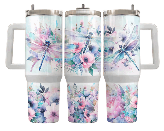 Charming 40 oz stainless steel tumbler showcasing a dragonfly and pastel floral artwork, combining functionality with a touch of nature's elegance for your hydration needs.