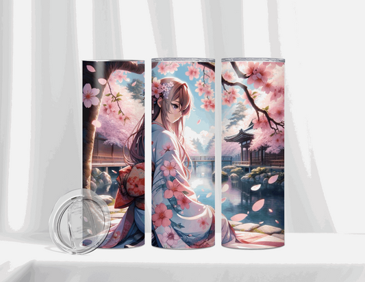 Custom 20oz insulated tumbler with serene Japanese garden design, featuring anime character under cherry blossom tree in traditional kimono.