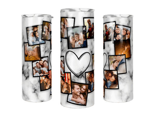 Personalized marble tumbler with a collage of 12 photos in various frames including heart shapes, depicting cherished moments, perfect for gifting.