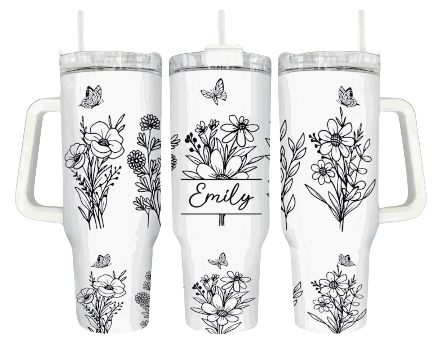 Customizable white floral tumbler featuring space for personalized text, decorated with elegant botanical drawings and butterfly details for a bespoke drinking experience.