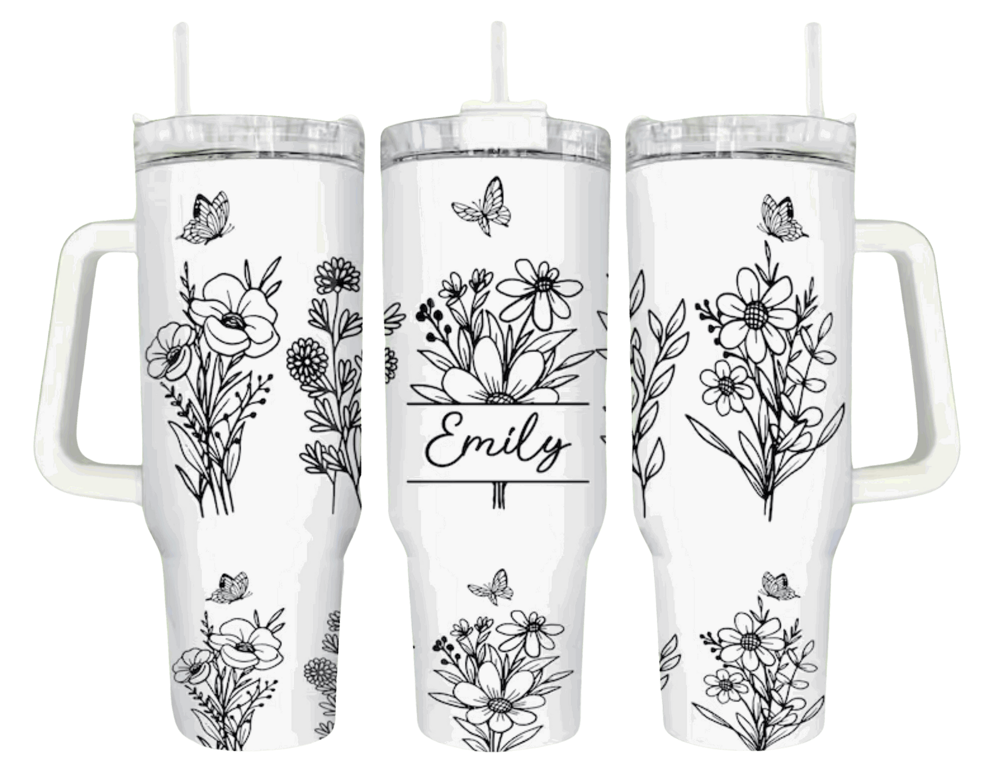 Customizable white floral tumbler featuring space for personalized text, decorated with elegant botanical drawings and butterfly details for a bespoke drinking experience.