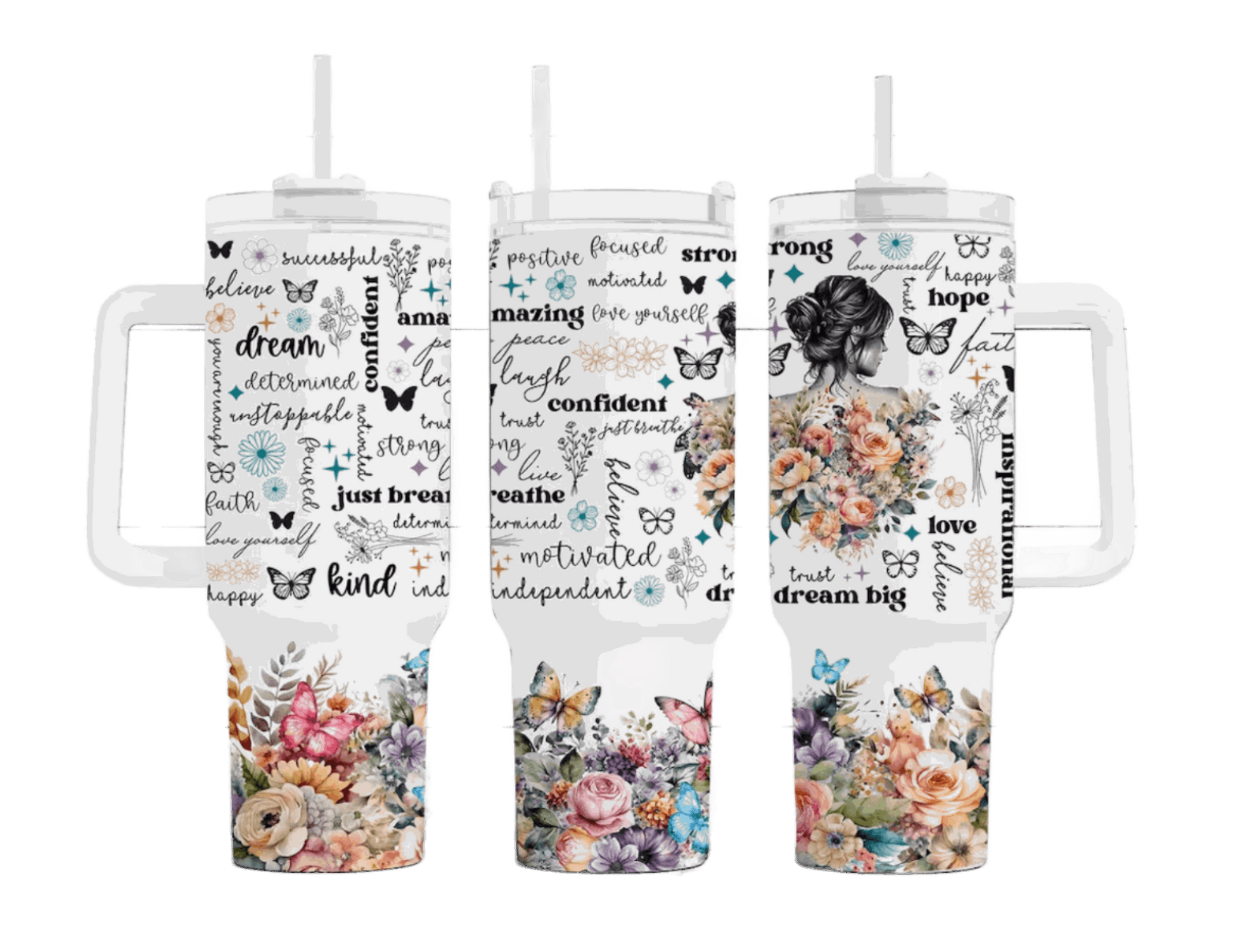 A trio of white tumblers decorated with inspirational words like 'believe', 'dream', and 'strong', interspersed with colorful floral and butterfly graphics for an uplifting vibe.