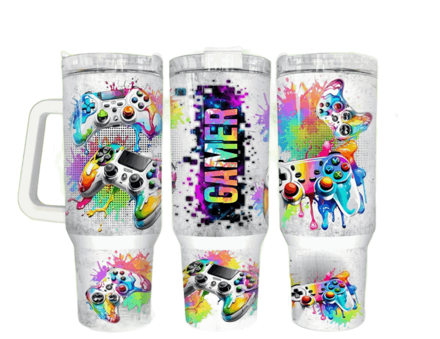 Stylish Gamer Tumblers displaying colorful game controller graphics and a splash paint effect, with the word 'GAMER' prominently featured, perfect for gaming aficionados.