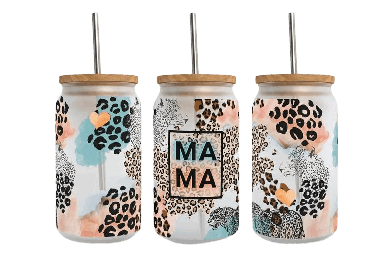 16oz glass cup with leopard print for mothers day