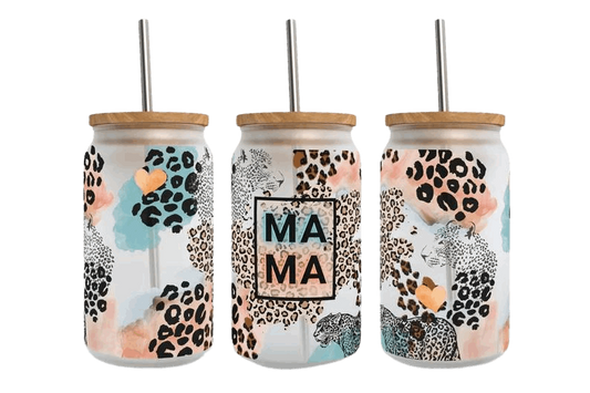 16oz glass cup with leopard print for mothers day