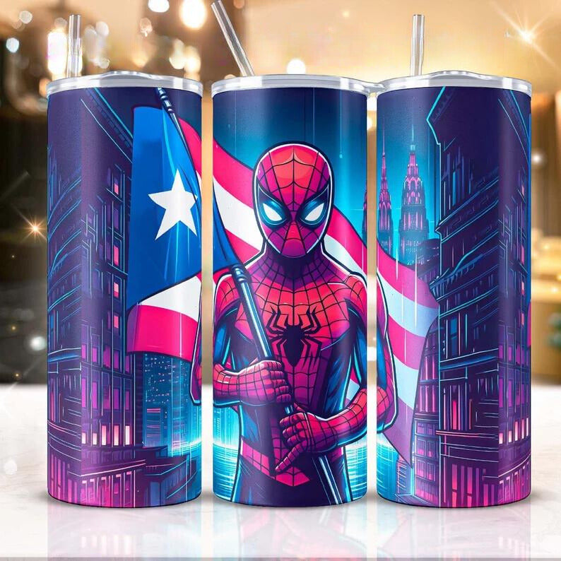 A 20 oz tumbler showcasing Spider-Man in a striking pose against a Puerto Rican flag and an urban skyline backdrop, ideal for superhero fans.