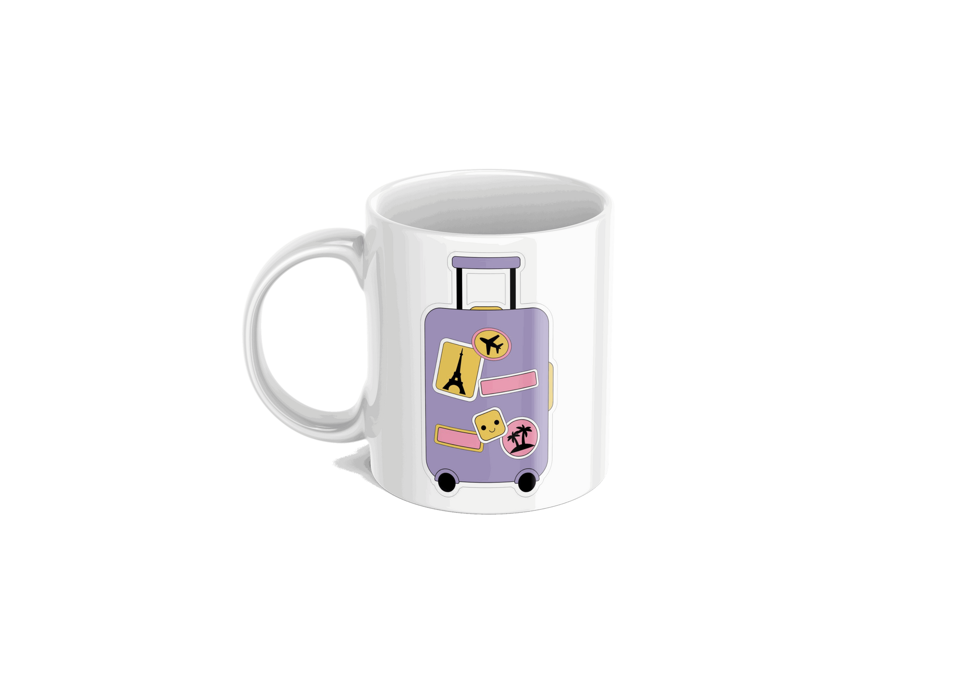 "White travel-themed mug with 'travel more' in pink playful script, accented with yellow and purple stars."