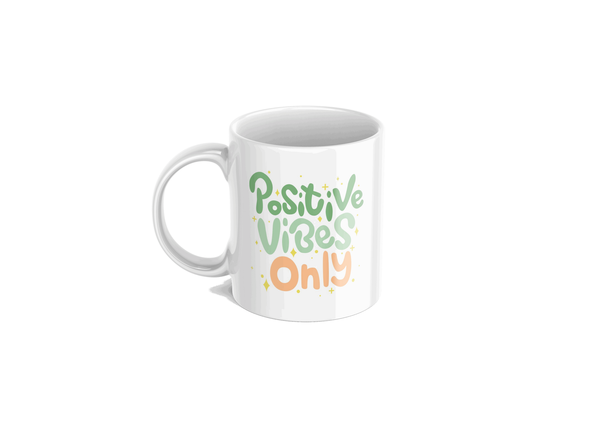 ceramis coffee mug with a positive vibes only message.