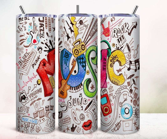 20 oz tumbler with a detailed music and instrument theme, including guitars, notes, and colorful doodles, ideal for those who appreciate the rhythm of life.