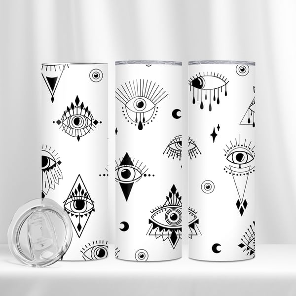 Striking 20 oz tumbler adorned with various black and white esoteric eye symbols, moons, and stars, invoking an air of occult mystery and celestial intrigue.