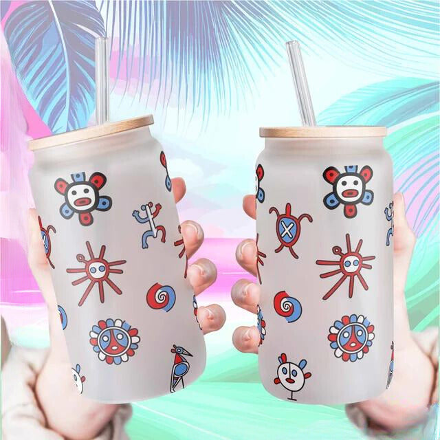 Libbey frosted tumbler, tropical doodle design, quirky drinkware, 16oz tumbler, eco-friendly sipping